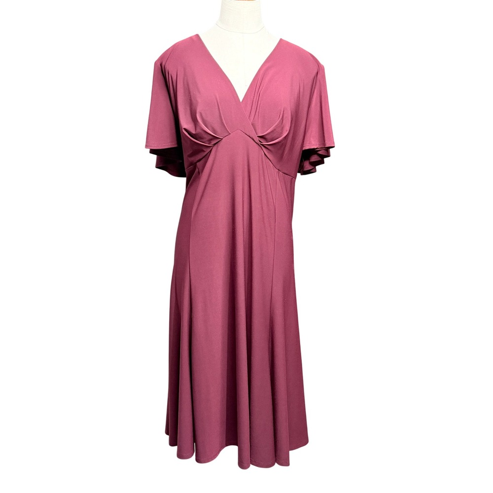 Chaps Midi Dress Womens 18W Burgundy V-Neck Flutter Sleeve Empire Waist Ruched